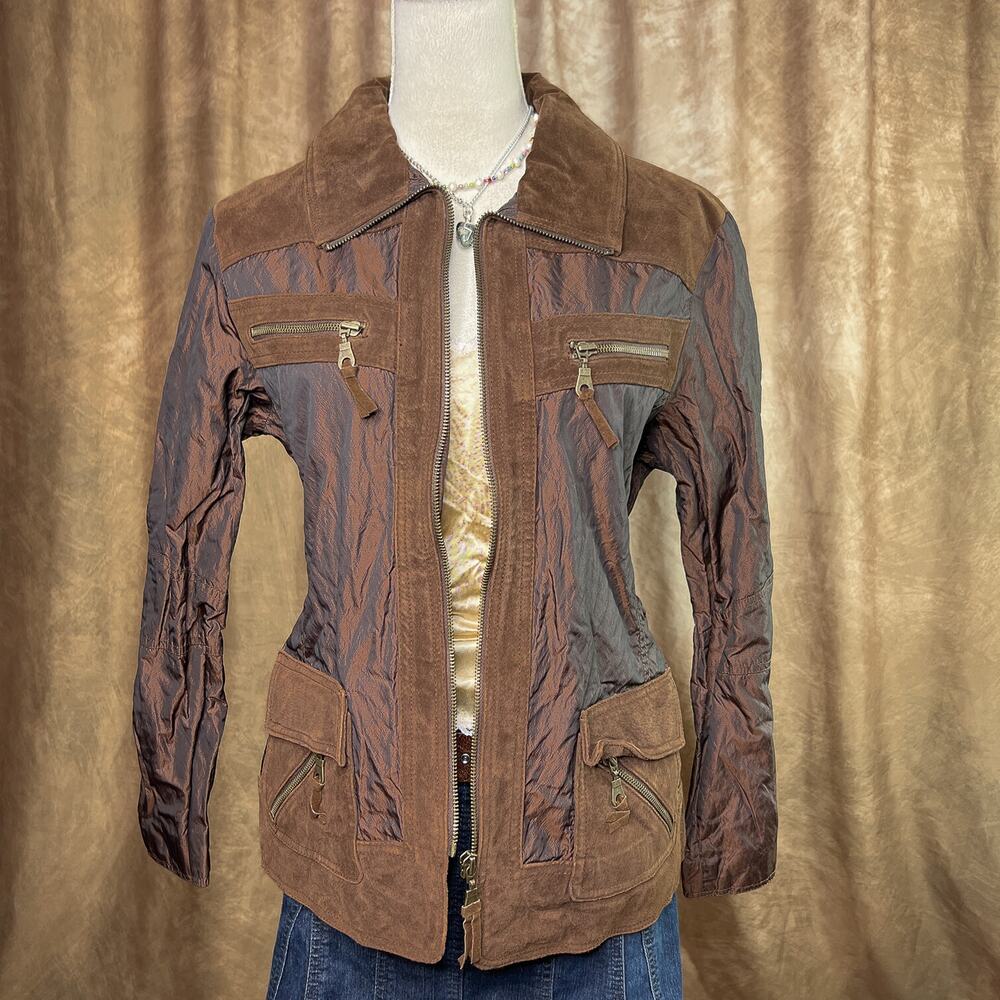 Y2K Moto Jacket Suede Leather Patchwork Zipper Brown Long Sleeve Biker Grunge